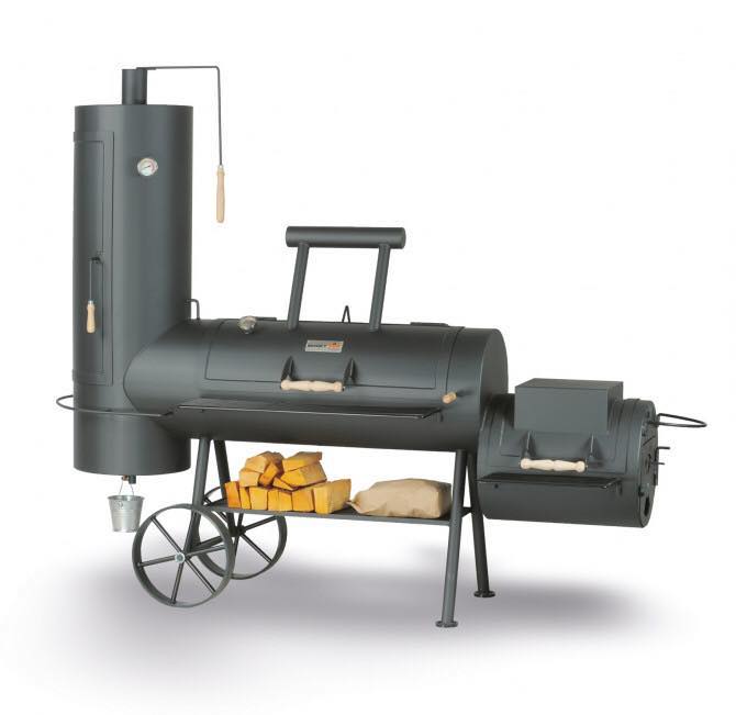 A large smoker with wheels and two ovens.