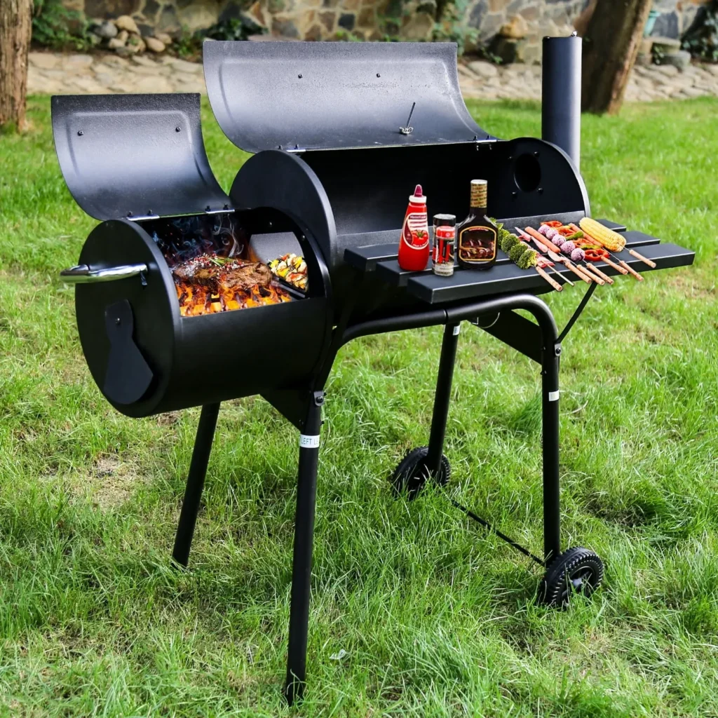 A man and woman standing next to an outdoor grill.